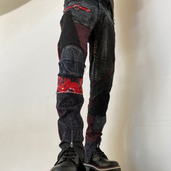 Acid Washed Black & Grey jeans with Metallic silver and CRIMSON Rose Tie Dye - Picture 16 of 17